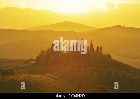 Une belle scène de campagne avec des collines ondulantes baignées de lumière dorée du matin, avec une ferme entourée d'arbres et une atmosphère brumeuse, San Banque D'Images