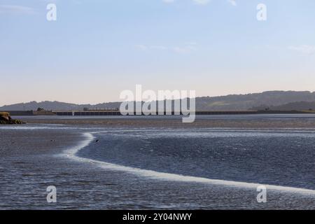 Train de classe 195 de la CAF traversant le viaduc d'Arnside à travers l'estuaire de la rivière Kent sur la pittoresque ligne de chemin de fer de la côte Cumbrienne Banque D'Images