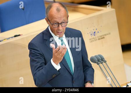 Festakt 75 Jahre CDU/CSU Bundestagsfraktion Friedrich Merz BEI seiner Rede beim Festakt zu 75 Jahre CDU/CSU Bundestagsfraktion im Bonner Plenarsaal, Bonn, 01.09.2024 Bonn Nordrhein-Westfalen Deutschland *** cérémonie des 75 ans du groupe parlementaire CDU CSU Friedrich Merz lors de son discours lors de la cérémonie marquant les 75 ans du groupe parlementaire CDU CSU Bonn, Bonn, 2024, Allemagne, Allemagne Banque D'Images