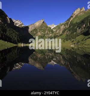 Matin calme d'été au lac Seealpsee. Alpstein Range reflétant sur l'eau Banque D'Images