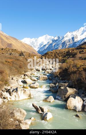 Vue paysage de rivière qui traverse la vallée de Langtang avec vue sur les sommets de montagnes de l'Himalaya et l'arrière-plan Gangchenpo Peak au Népal Banque D'Images