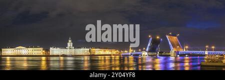 Panorama de Saint-Pétersbourg ville nocturne au pont du Palais, Saint-Pétersbourg, Russie, Europe Banque D'Images