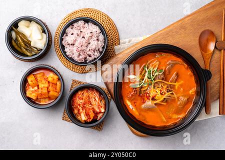 Nouilles froides, nourriture coréenne, nouilles épicées, bœuf, boulettes de viande, boulettes, porc sauté, bœuf Banque D'Images