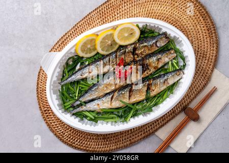 Cuisine coréenne, plats d'accompagnement, poisson, poisson grillé, cuit à la vapeur, saury, maquereau, japchae, codari, jeon, porc sauté, yukgaejang, ragoût de pâte de soja, kimchi Banque D'Images