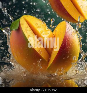 Pose plate de texture de fruit de mangue avec tranche avec de l'eau, gouttes, vue avant de fond de concept de fruits Banque D'Images