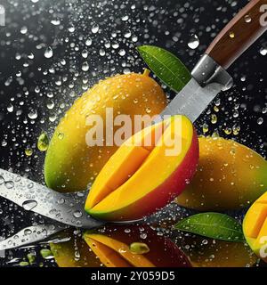 Pose plate de texture de fruit de mangue avec tranche avec de l'eau, gouttes, vue avant de fond de concept de fruits Banque D'Images