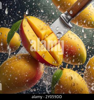 Pose plate de texture de fruit de mangue avec tranche avec de l'eau, gouttes, vue avant de fond de concept de fruits Banque D'Images