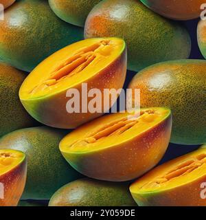 Pose plate de texture de fruit de mangue avec tranche avec de l'eau, gouttes, vue avant de fond de concept de fruits Banque D'Images