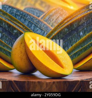 Pose plate de texture de fruit de mangue avec tranche avec de l'eau, gouttes, vue avant de fond de concept de fruits Banque D'Images