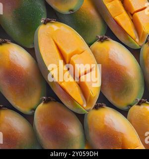 Pose plate de texture de fruit de mangue avec tranche avec de l'eau, gouttes, vue avant de fond de concept de fruits Banque D'Images
