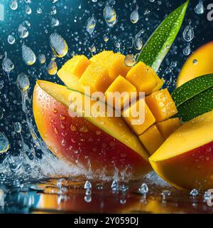 Pose plate de texture de fruit de mangue avec tranche avec de l'eau, gouttes, vue avant de fond de concept de fruits Banque D'Images