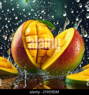 Pose plate de texture de fruit de mangue avec tranche avec de l'eau, gouttes, vue avant de fond de concept de fruits Banque D'Images
