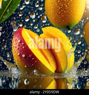 Pose plate de texture de fruit de mangue avec tranche avec de l'eau, gouttes, vue avant de fond de concept de fruits Banque D'Images