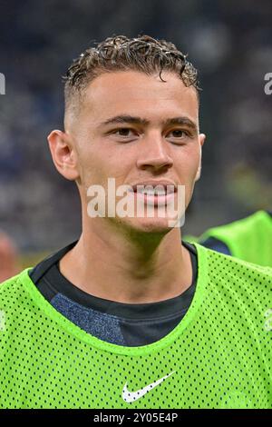 Milan, Italie. 30 août 2024. Kristjan Asllani de l'Inter a vu avant le match de Serie A entre l'Inter et Atalanta à Giuseppe Meazza à Milan. Banque D'Images