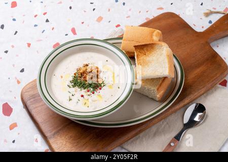 Café, café, oeuf, bacon, sandwich, toast, fruits, légumes, chaudrée de palourdes, soupe, pain, crème, latte, citrouille douce, calice, crumble, sésame noir, l Banque D'Images