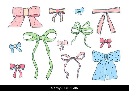Jeu d'arcs. Kit de bande de soie. Esthétique de la coquette. Illustration de collection de doodle de Bowknot dessinée à la main isolée sur fond blanc. Illustration de Vecteur