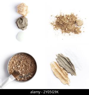 Collage avec cosmétiques, ombres à paupières marron clair et foncé, pinceau pour ombre à paupières et différents échantillons de gommage corporel. Maquillage concept plat sur fond blanc Banque D'Images