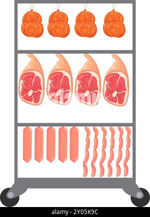 Produits carnés sur cintre métallique. Nourriture crue de dessin animé isolé sur fond blanc Illustration de Vecteur