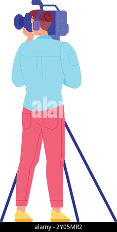 Personnage de caméraman d'enregistrement de film. L'homme tient la caméra professionnelle isolée sur fond blanc Illustration de Vecteur