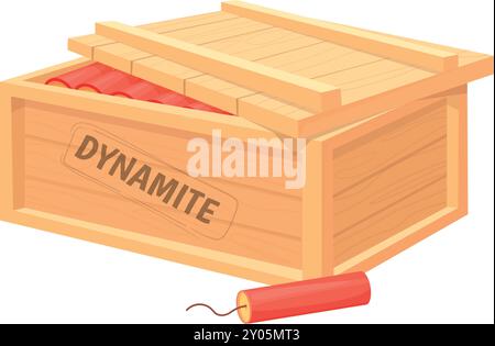 Dynamite dans une boîte en bois. Icône de dessin animé de stockage explosif isolé sur fond blanc Illustration de Vecteur