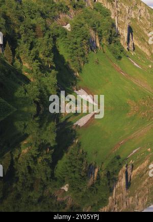 Arbres et rochers miroir sur le lac Fahlensee, Alpes suisses Banque D'Images