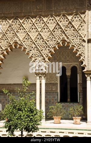 Décorations mudéjar dans le Patio de las Doncellas (Cour des Maidens) de Pierre le premier Palais dans les Alcazars royaux (Reales Alcazares) de S. Banque D'Images