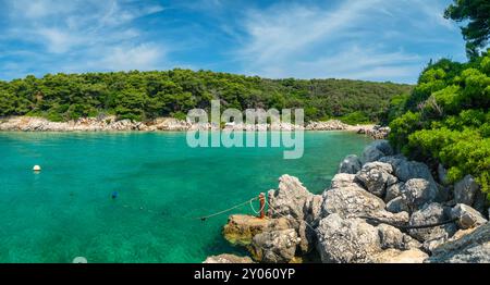 Panorama de la magnifique côte adriatique avec de l'eau de mer turquoise sur l'île de Rab, région de Dalmatie, Croatie. Banque D'Images