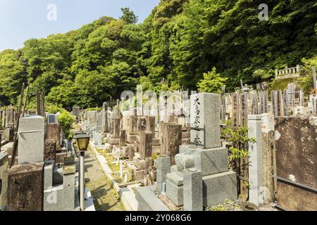 Vieilles tombes et pierres tombales du défunt dans un cimetière bouddhiste à l'étage et derrière le temple Chion-in dans l'ancienne Kyoto, au Japon. Horizontal Banque D'Images