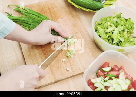 Gros plan des mains douces des femmes trancher sur la planche de bois les tiges d'oignons verts faisant de la salade. Le concept d'un aliment végétarien sain et vivant Banque D'Images