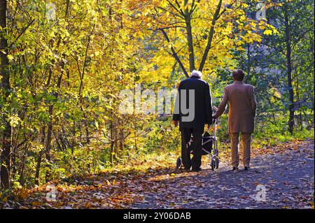 Couple de personnes âgées en promenade en automne Banque D'Images