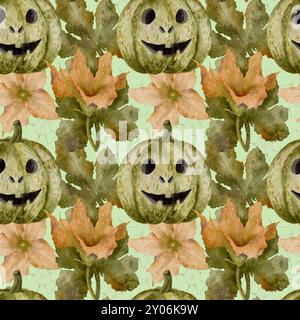 Un motif sans couture ludique et coloré avec des citrouilles gaies et des fleurs vibrantes, parfait pour les motifs Halloweenthemed. Art numérique dans le style aquarelle, pour l'impression sur tissu et papier. Banque D'Images