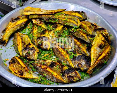 Un plateau de poisson cuit, une cuisine de fruits de mer prête à être servie, des poissons grillés sur des morceaux verts hachés de persil, un focus sélectif Banque D'Images