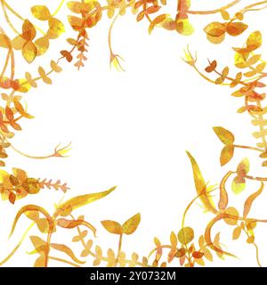 Un cadre avec l'automne jaune plantes et de copier l'espace. Aquarelle des branches et des feuilles, formant une frontière pour une conception de l'automne avec une place pour le texte Banque D'Images