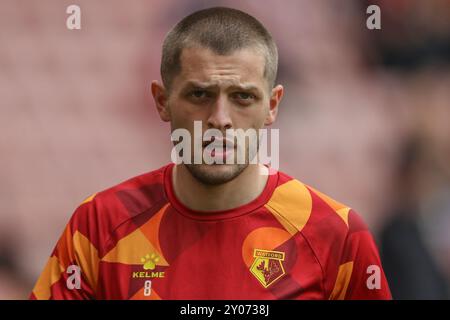 Giorgi Chakvetadze de Watford dans la séance d'échauffement d'avant-match lors du match du Sky Bet Championship Sheffield United vs Watford à Bramall Lane, Sheffield, Royaume-Uni, 1er septembre 2024 (photo par Alfie Cosgrove/News images) Banque D'Images