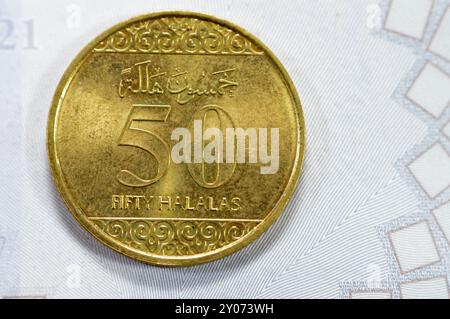 Pièce d'or demi riyal 50 cinquante Halalas, présente une ornementation florale en trèfle sur le haut et le bas et les bras de l'Arabie saoudite au centre avec t Banque D'Images