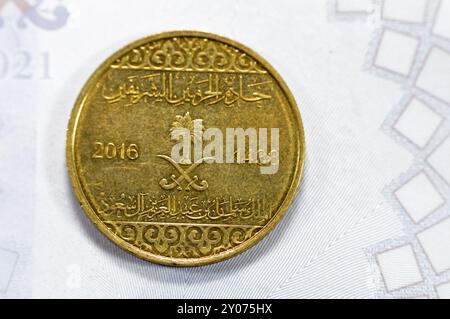 Pièce d'or demi riyal 50 cinquante Halalas, présente une ornementation florale en trèfle sur le haut et le bas et les bras de l'Arabie saoudite au centre avec t Banque D'Images