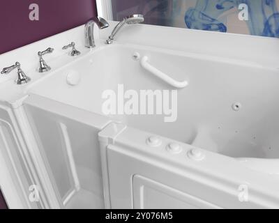 Salle de bains accessible. Douche assise baignoire avec une porte pour les personnes handicapées Banque D'Images