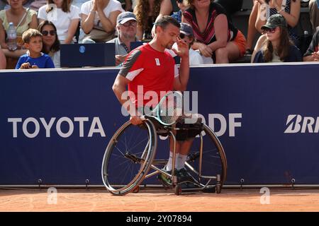 Paris, France. 01 Sep, 2024. Le belge Joachim Gerard réagit lors d'un match entre le belge Gerard et le français Menguy, en simple masculin, 2e manche de la compétition de tennis en fauteuil roulant, le jour 5 des Jeux paralympiques d'été 2024 à Paris, France, le dimanche 1er septembre 2024. Les 17èmes Jeux Paralympiques se déroulent du 28 août au 8 septembre 2024 à Paris. BELGA PHOTO VIRGINIE LEFOUR crédit : Belga News Agency/Alamy Live News Banque D'Images