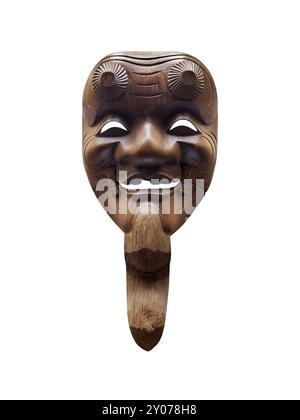 Masque en bois Okina utilisé dans le théâtre japonais Noh, représentant un vieil homme heureux Shikisanban. Isolé sur fond blanc avec chemin de détourage Banque D'Images