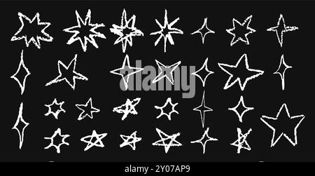 Ensemble de plaisir comme l'enfant dessinant des étoiles blanches. Collection d'éléments géométriques de texture crayon de cire. Les symboles du ciel nocturne gribouillent, gribouillent. Serpente Illustration de Vecteur