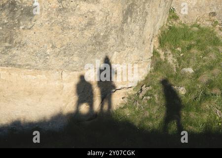 Ombres de trois voyageurs amis sur le rocher jaune à côté de l'herbe verte Banque D'Images