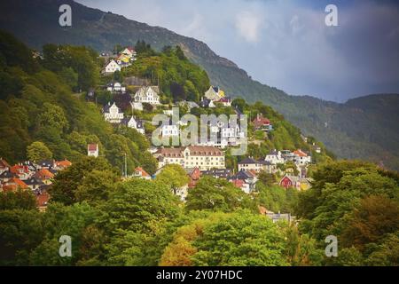 Bergen, Norvège aerial cityscape avec des toits de maisons traditionnelles Banque D'Images