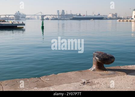 Vue panoramique du port de Barcelone vers le sud. Vous pouvez voir les terminaux de ferry, de croisière et de fret en vrac, ainsi que le pont Porta d'Europa. Banque D'Images