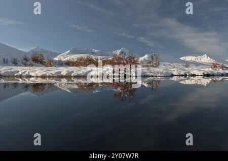 Les sommets Hoegronden, Midtronden et Digerronden se reflètent dans un lac, Parc national de Rondane, Oppland Fylke, Norvège, septembre 2010, Europe Banque D'Images