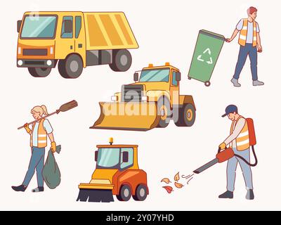 Machines de nettoyage des rues. Débarrasser la ville des ordures, des nettoyeurs et des appareils électroménagers, des concierges professionnels en uniforme et en enlevant les voitures, l'équipement d'aspiration Illustration de Vecteur