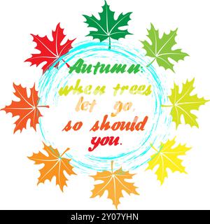 Ce motif vibrant capture l'essence de l'automne avec un message animé entouré d'une couronne de feuilles colorées. Les feuilles, dans les tons de rouge, ou Illustration de Vecteur