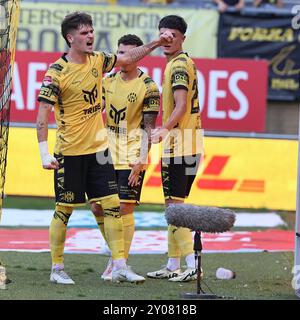 KERKRADE, pays-Bas. 01 Sep, 2024. Football, néerlandais Keuken Kampioen Divisie, Roda JC - de Graafschap, Parkstad Limburg Stadium, saison 2024/2025, joueur de Roda JC Kerkrade Thibo Baeten, célébrant le but de 1-1 crédit : Pro Shots/Alamy Live News Banque D'Images