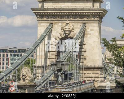 Gros plan du pont, montrant une architecture détaillée avec des statues de lion et des lanternes antiques, budapest, danube, hongrie Banque D'Images