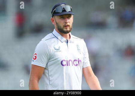 Gus Atkinson de l'Angleterre regarde pendant le deuxième jour de Rothesay test match Angleterre - Sri Lanka à Lords, Londres, Royaume-Uni, 1er septembre 2024 (photo par Izzy Poles/News images) Banque D'Images