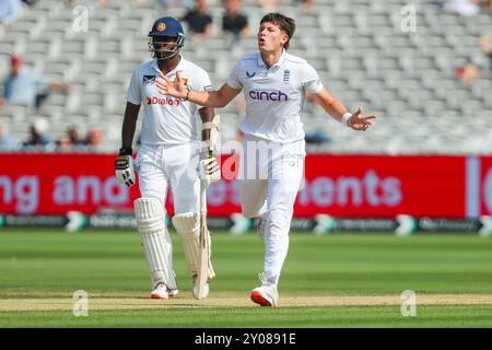 Matthew Potts de l'Angleterre réagit lors du 2e match de test de Rothesay Angleterre - Sri Lanka jour 4 à Lords, Londres, Royaume-Uni, 1er septembre 2024 (photo par Izzy Poles/News images) Banque D'Images